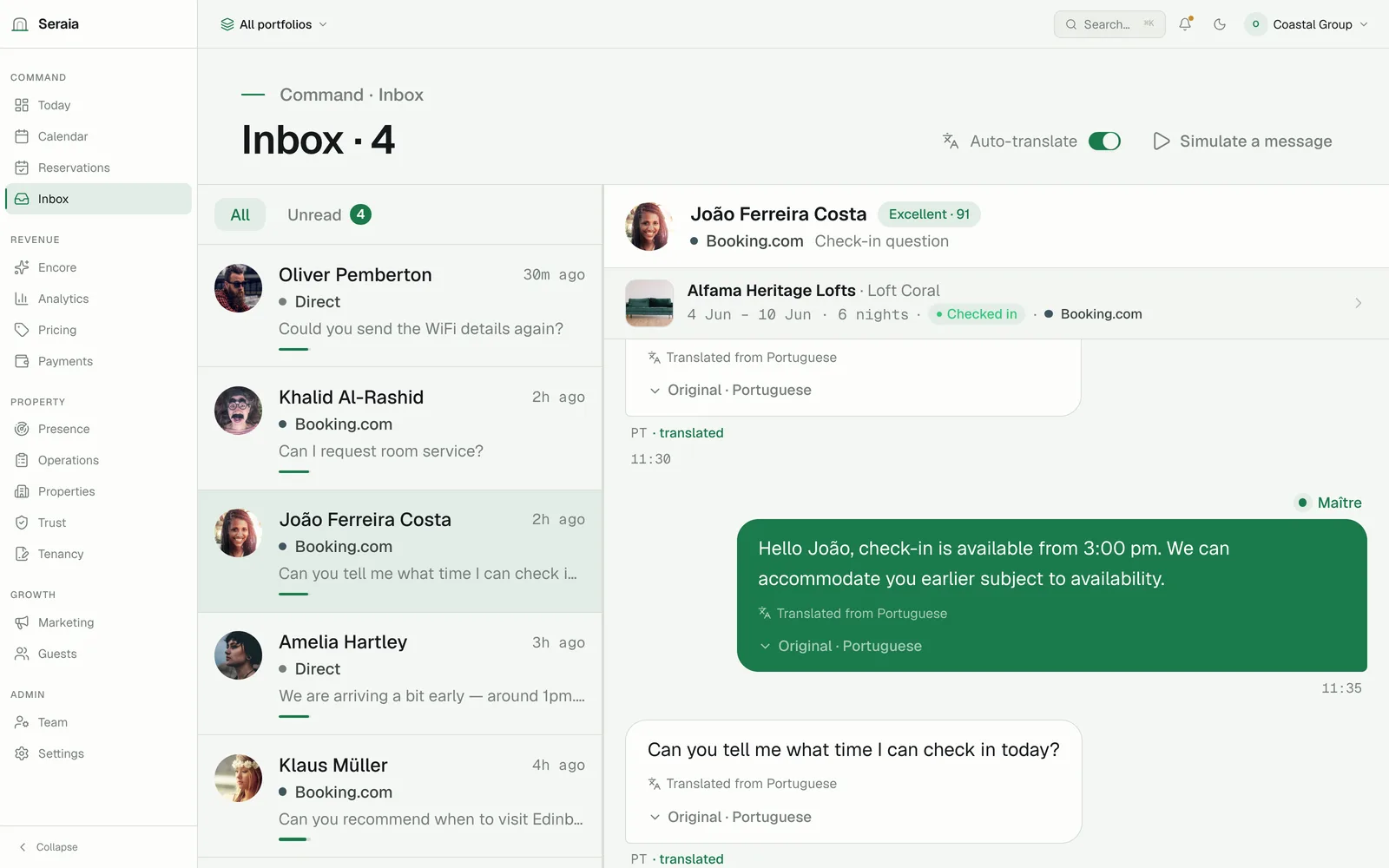 Maître unified inbox — multilingual guest threads with drafted replies.