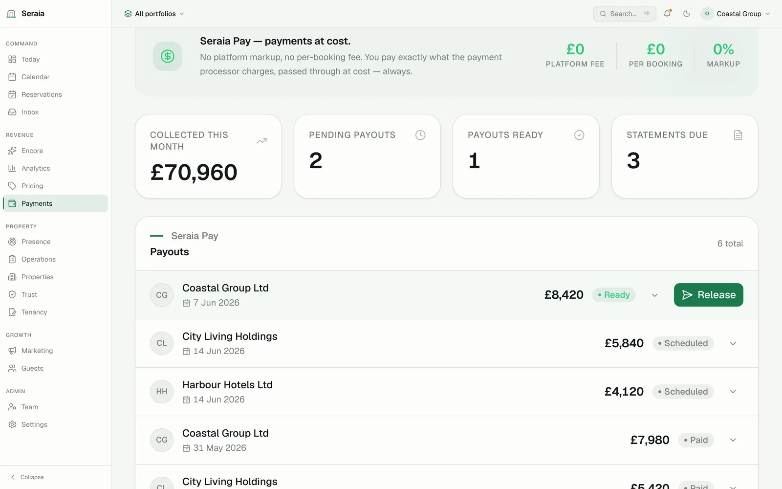 Seraia Pay — payouts and owner statements in one ledger.