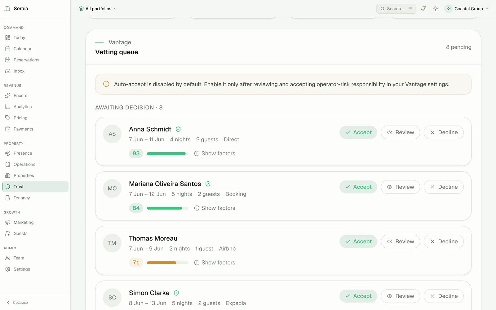 Vantage — booking vetting with a guest standing breakdown.